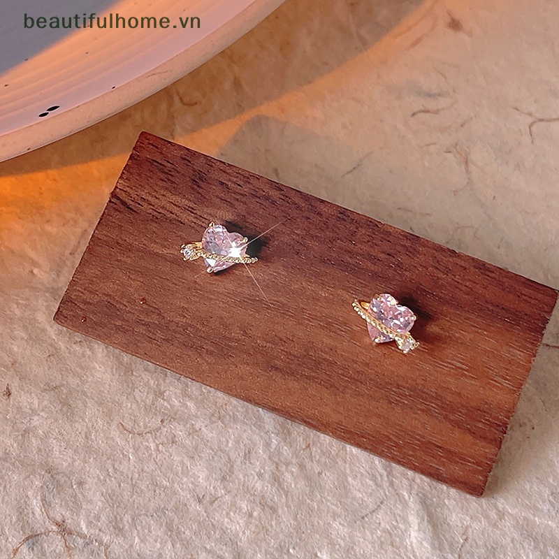 1 Đôi Bông Tai Hình Trái Tim Đính Đá Zircon Màu Hồng Thiết Kế Đơn Giản Thời Trang Cho Nữ