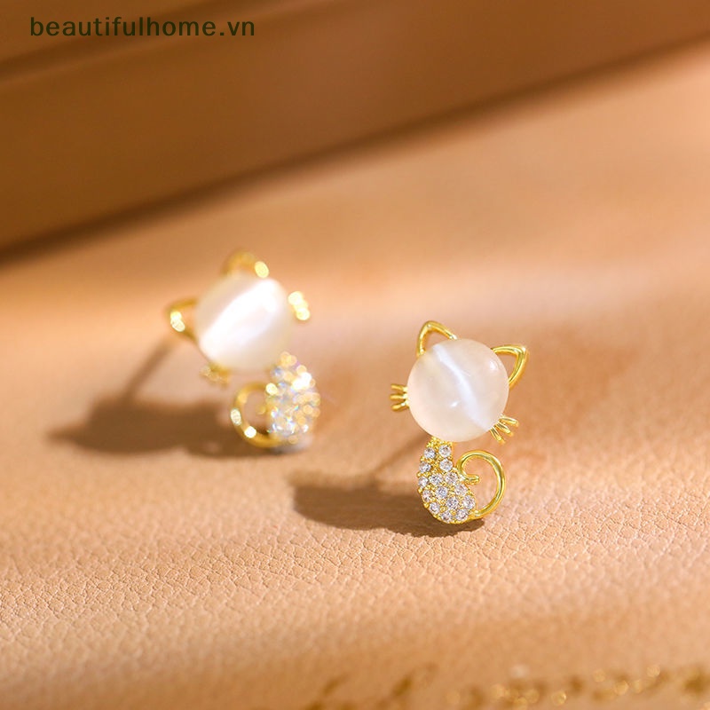 [beautifulhome] Khuyên Tai Hình Mèo Đính Đá Opal Giả Lấp Lánh Phong Cách Hàn Quốc Thời Trang Cho Nữ [beauty]