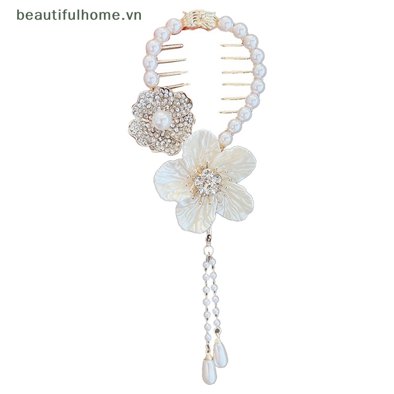Kẹp Tóc Càng Cua Cố Định Tóc Đuôi Ngựa Đính Hoa Trà Và Ngọc Trai Xinh Xắn Cho Nữ [Beautyhome]