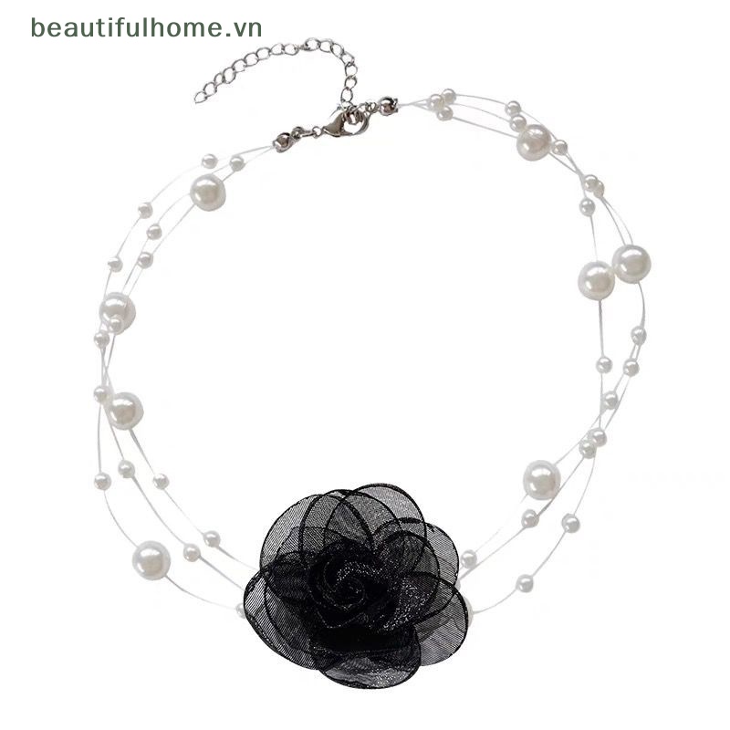 [beautifulhome] Vòng Cổ Choker Ngọc Trai Hoa Trắng Đen Lãng Mạn Mùa Hè Cho Nữ [beauty]