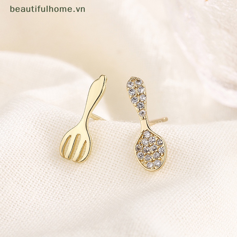 Bông Tai Hình Nĩa Pha Lê Mini Đơn Giản Cá Tính Cho Nữ [beauty]