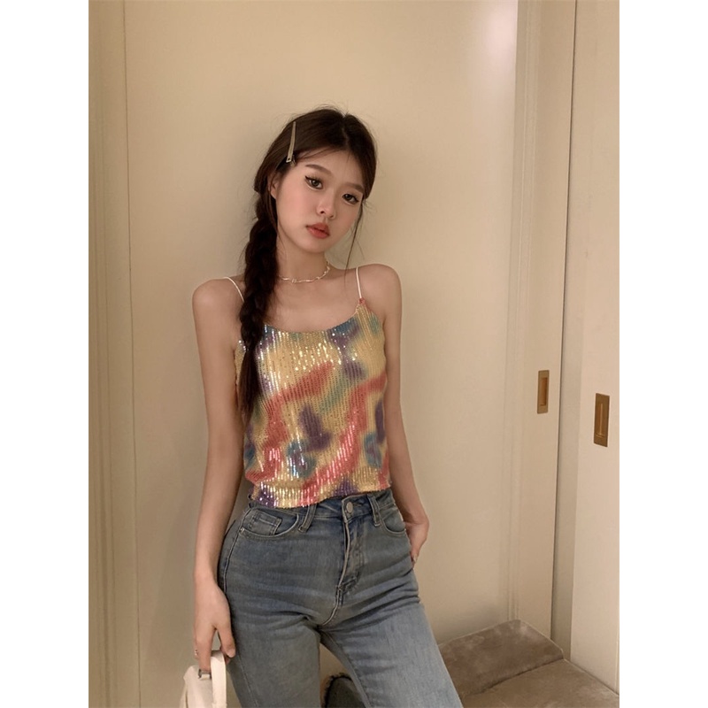 Áo Hai Dây Ngắn Mỏng Ôm Dáng Đính Kim Sa Phong Cách Hong Kong Kiểu Mới Quyến Rũ Dành Cho Nữ Mặc Ngoài Trời