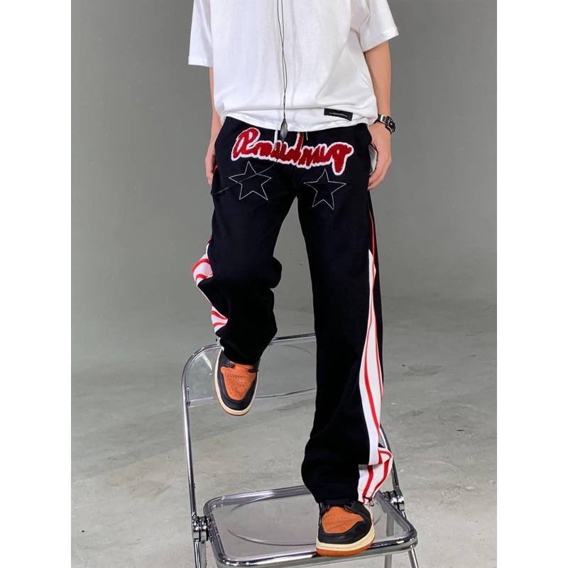 Quần Dài Ống Rộng Màu Đỏ Đen Phong Cách Retro Mỹ 2023 Cho Nam