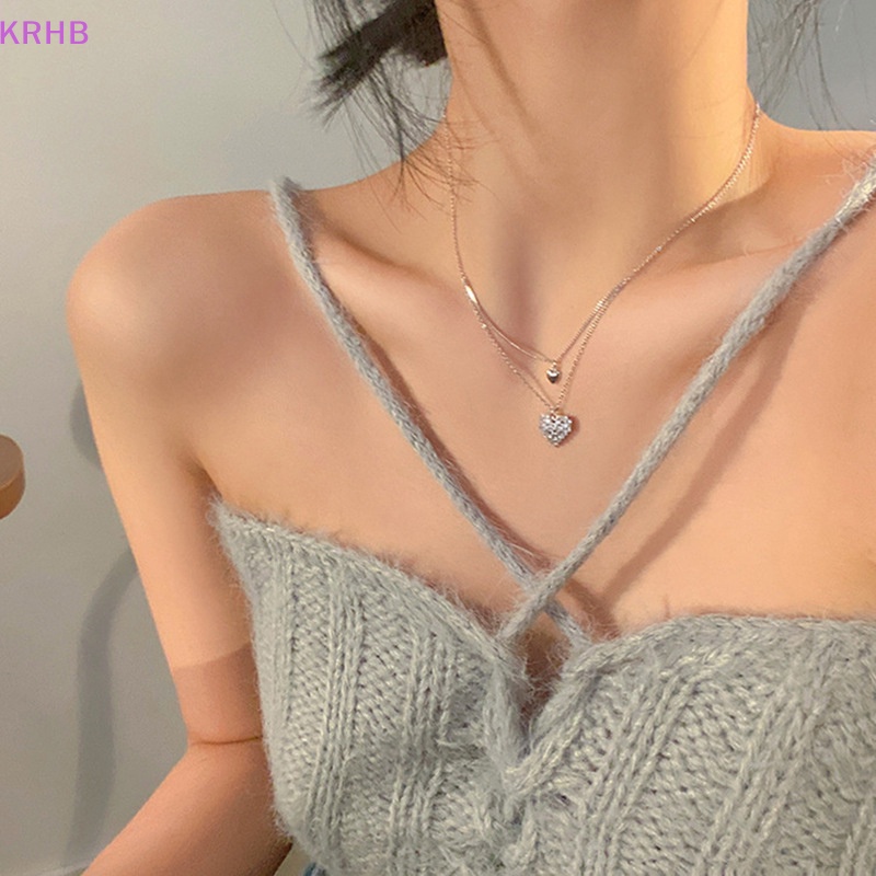 Vòng Cổ Choker Hai Lớp Mặt Trái Tim Đính Đá Thanh Lịch Phong Cách Hàn Quốc Dành Cho Nữ Mới