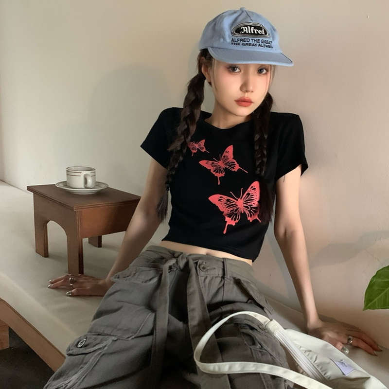 Áo Croptop Dệt Kim Tay Ngắn In Họa Tiết Quyến Rũ Phong Cách Hàn Quốc Cho Nữ