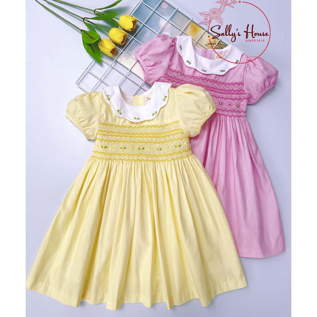 Đầm cho bé gái màu vàng, màu hồng, đầm thêu tay, chất vải cotton mềm, 2 lớp mềm mịn