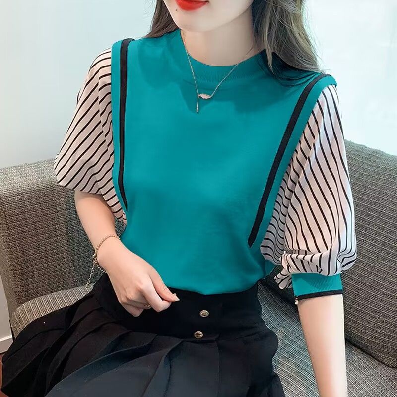 Áo Thun Dệt Kim Tay Ngắn Họa Tiết Kẻ Sọc Thời Trang Mùa Hè 2023 Cho Nữ