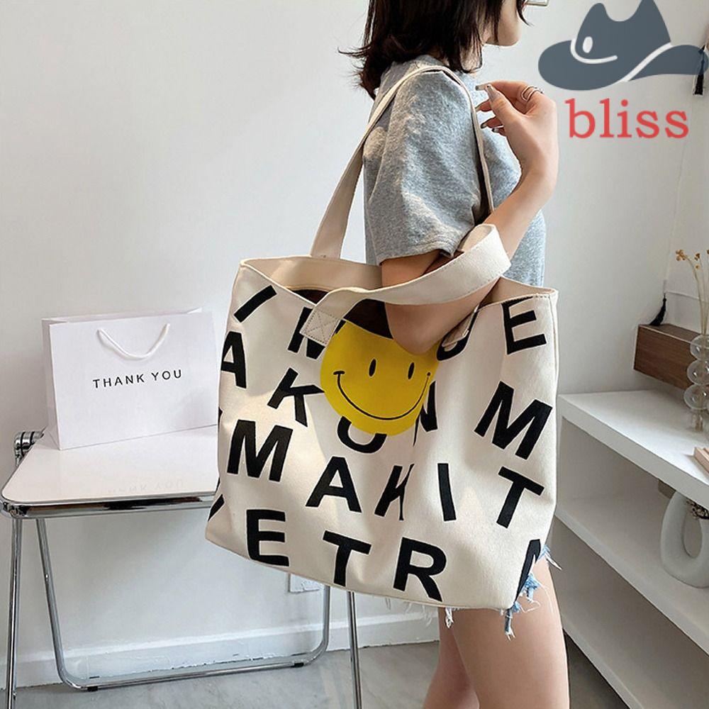 Túi Xách Vải Canvas In Hình Mặt Cười / Chữ Phong Cách Hàn Quốc