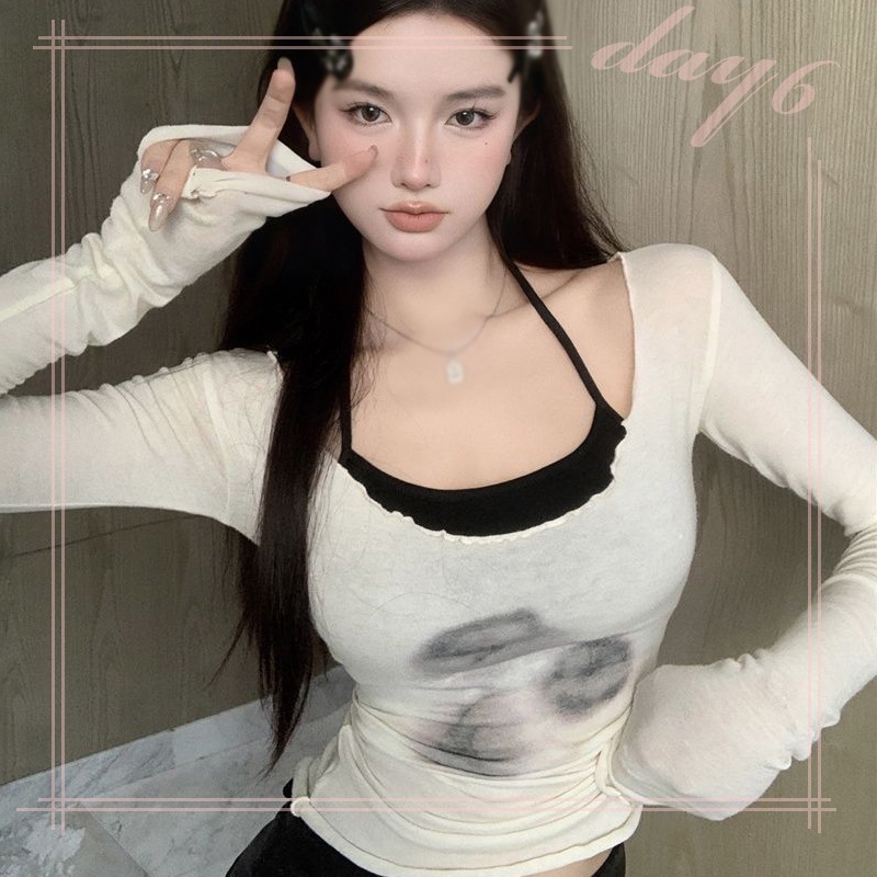 Set Áo Thun Lửng Tay Dài + Áo Dây Thời Trang Dành Cho Nữ