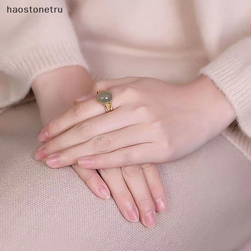 Ru Nhẫn Hở Hình Oval Dát Đá Ngọc Bích Màu Vàng Cổ Điển Thanh Lịch Sáng Tạo Có Thể Điều Chỉnh Cho Nữ n