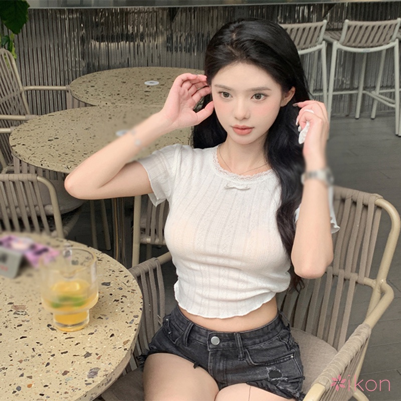 Áo Thun Dệt Kim Tay Ngắn Cổ Tròn Phối Ren Thắt Nơ Màu Trơn Phong Cách Hàn Quốc Thời Trang Mùa Hè Dành Cho Nữ