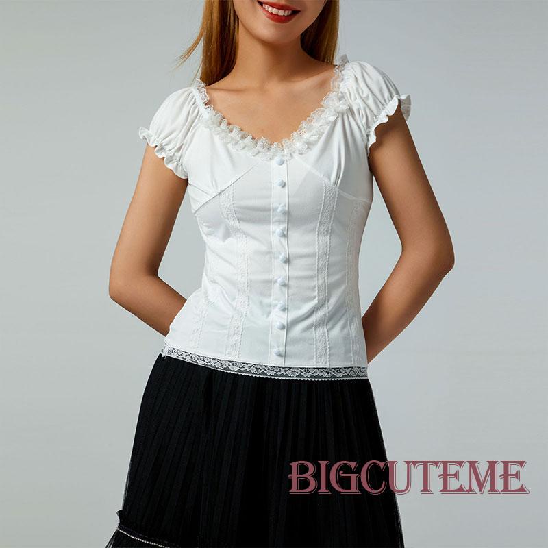 Áo Sơ Mi Mùa Hè Tay Cộc Cổ Chữ V Viền Bèo Nhún Màu Sắc Trơn Trang Trí Nút Cổ Điển Cho Nữ