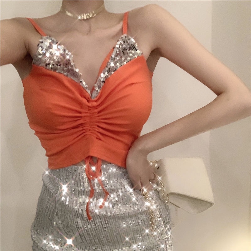 Áo Hai Dây Cổ Chữ V Eo Cao Ôm Dáng Phối Dây Rút Đính Kim Sa Lấp Lánh Phong Cách Mùa Hè Mới