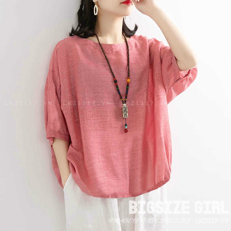 Áo thun nữ trung niên tay lỡ cổ tròn trơn Bigsize Áo linen trung niên nữ sang trọng form rộng mùa hè ,quần áo trung niên cao cấp cho nữ mẹ và bà