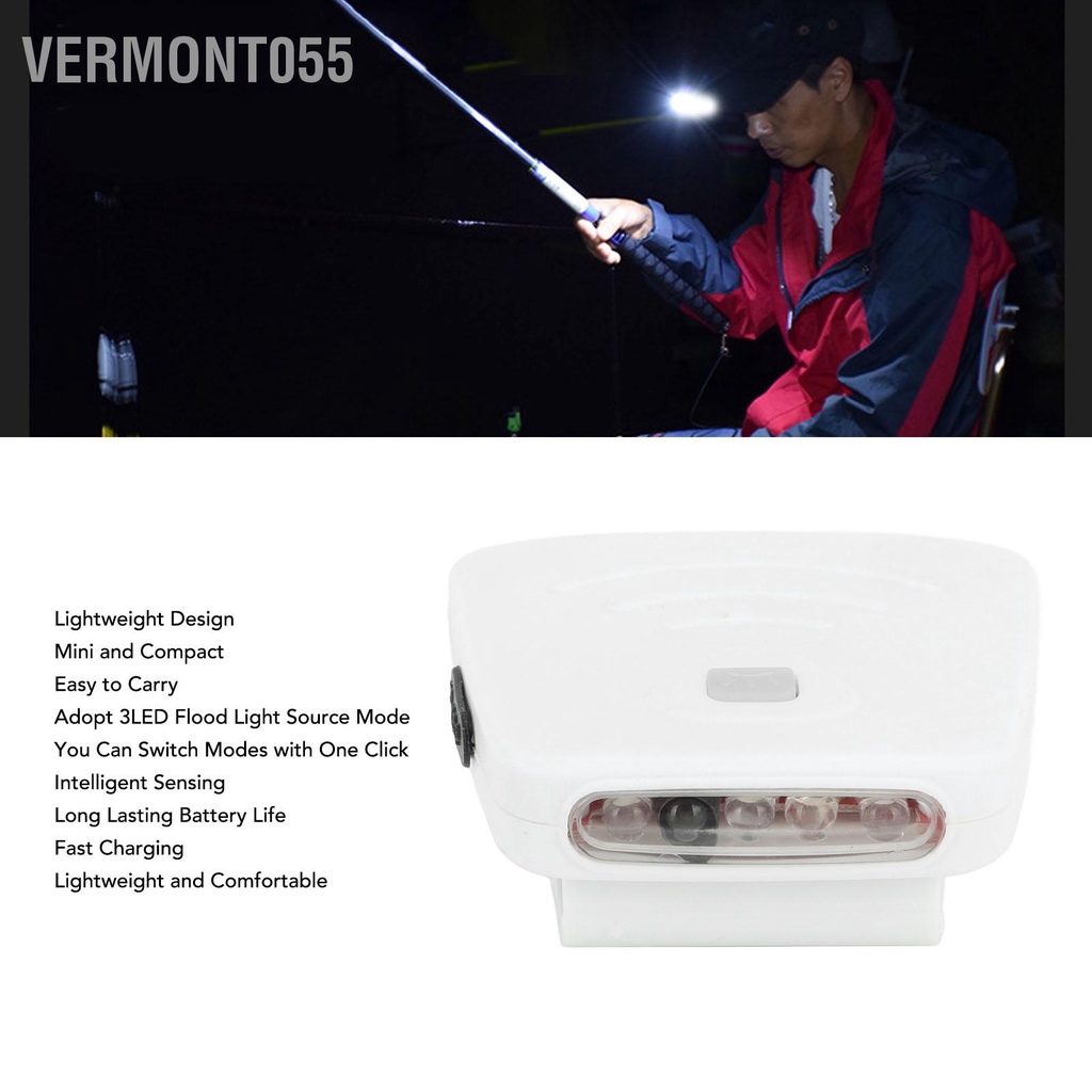 Vermont055 Đội Đầu Sạc Đèn LED Chống Nước Kẹp Trên Nắp Ánh Sáng Cảm Biến Chuyển Động Nón Cho Câu Cá Cắm Trại Đi Bộ Đường Dài Trắng