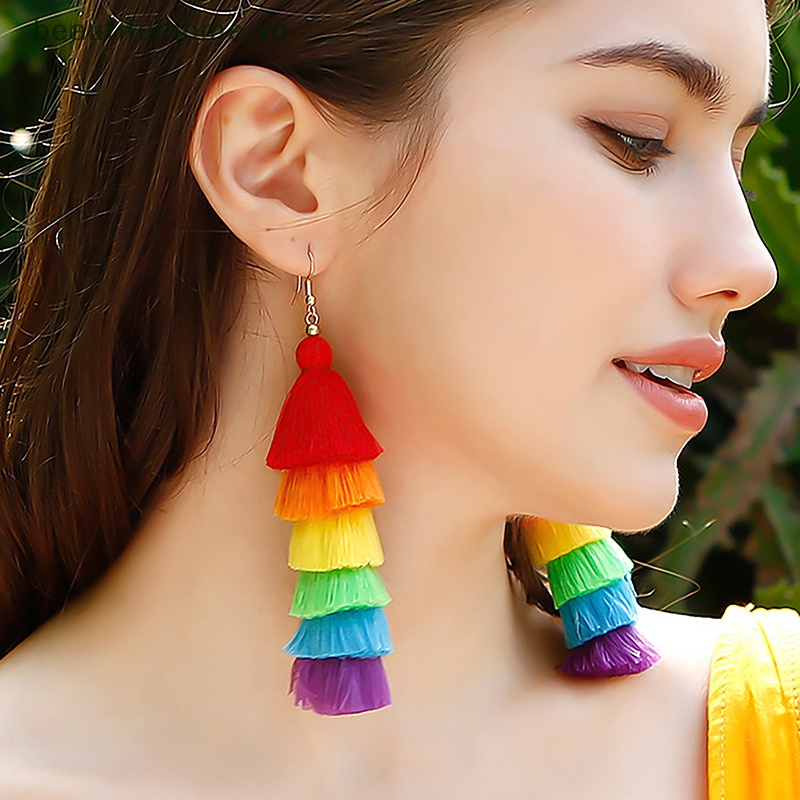 1 Đôi Bông Tai Tua Rua Dáng Dài Nhiều Lớp Phong Cách Bohemian Dễ Thương Thời Trang Mùa Hè Cho Nữ