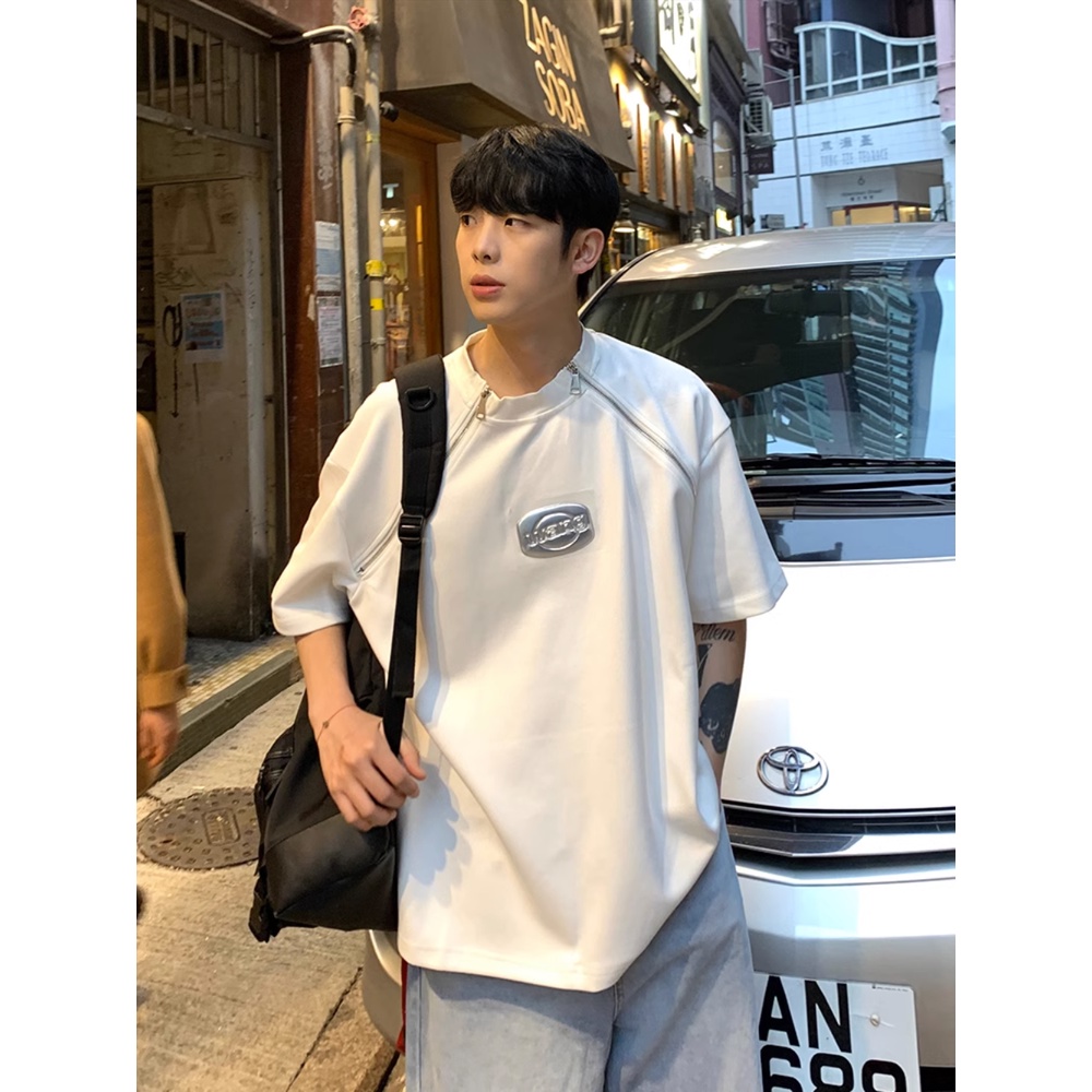 Áo Thun Tay Ngắn Cổ Tròn Dáng Rộng Phối Khóa Kéo Thời Trang Mùa Hè Cho Nam