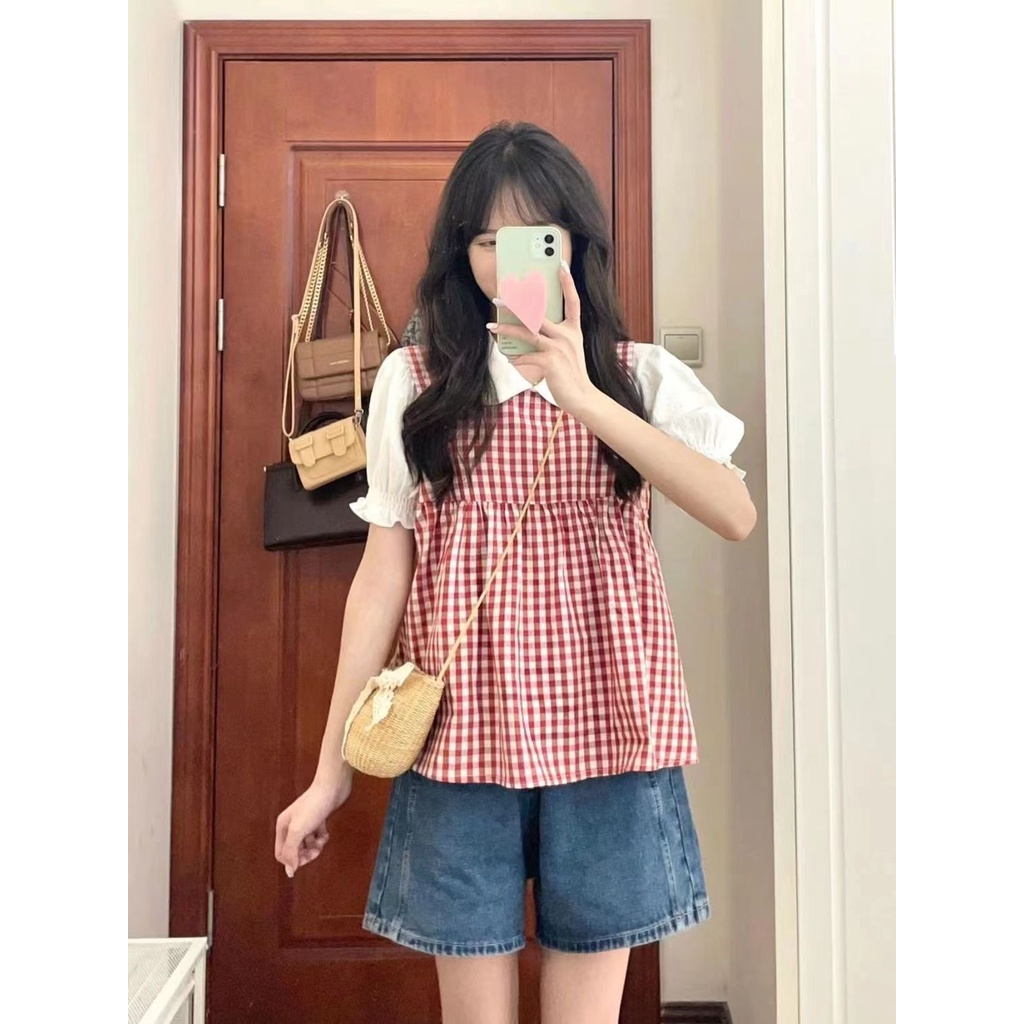 Áo Sơ Mi Hai Dây Kẻ Caro Đỏ Phong Cách Preppy Thời Trang Mùa Hè 2023 Mới Cho Nữ