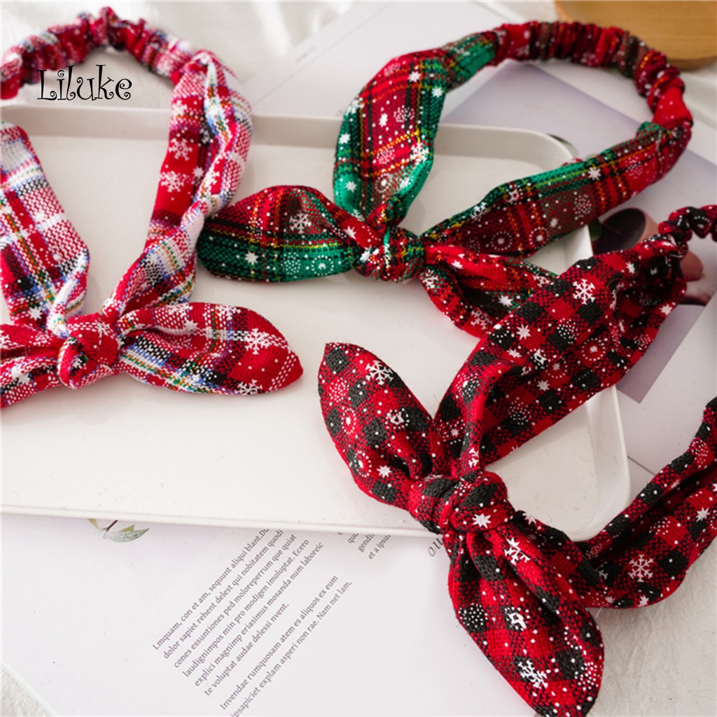 Băng Đô Cài Tóc Tai Thỏ Họa Tiết Sọc Caro Mềm Mại Chống Trượt Phong Cách Giáng Sinh Cho Nữ