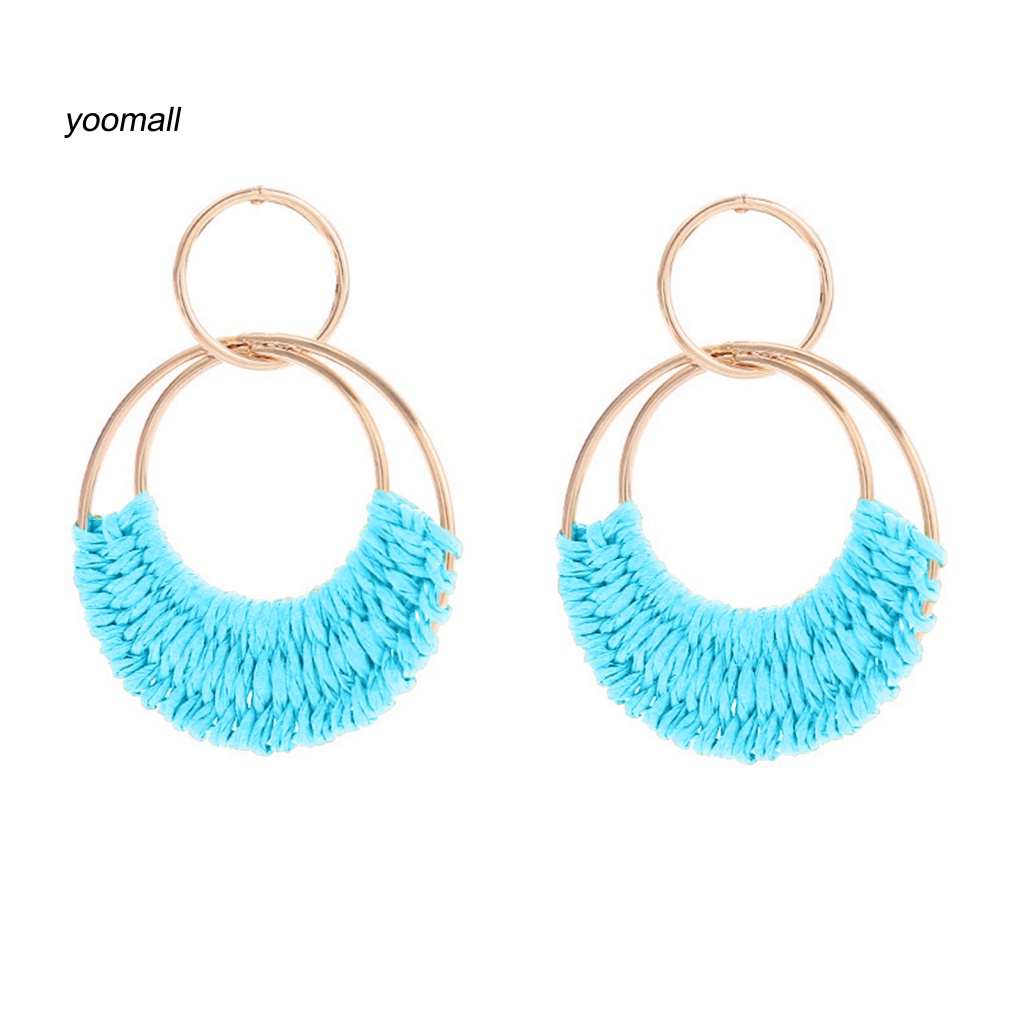 1 Đôi Khuyên Tai Tròn Đan Rơm Thời Trang Đi Biển Mùa Hè