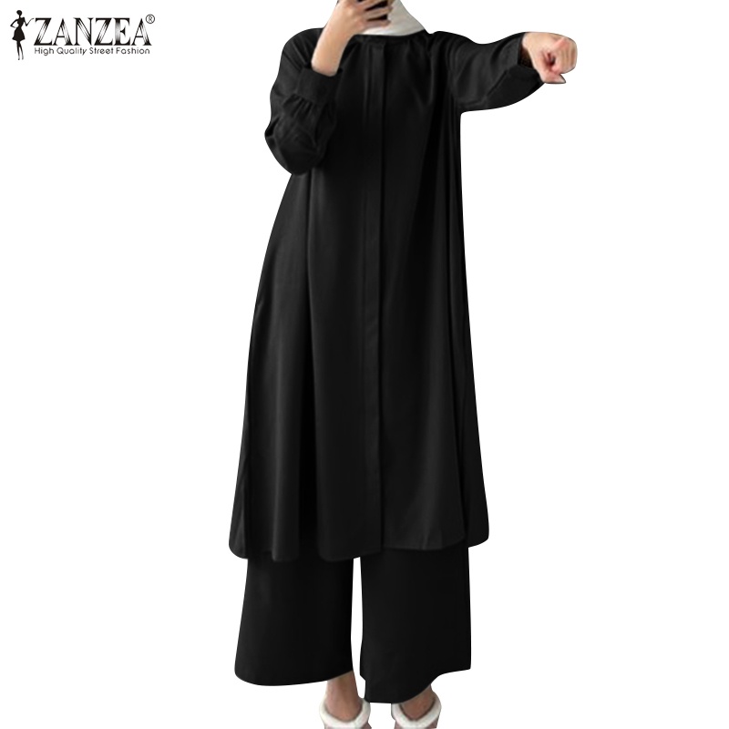 Zanzea Set Áo Thun Dài Tay Cổ Tròn + Quần Dài Lưng Thun Màu Trơn Cho Phụ Nữ Hồi Giáo