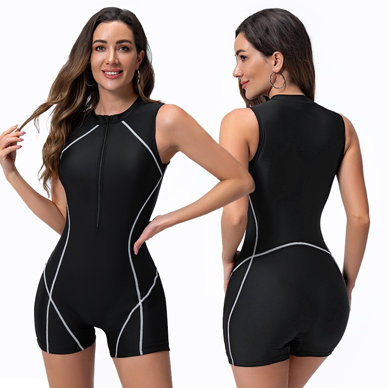 Bộ Đồ Bơi Một Mảnh Không Tay Có Khóa Kéo Màu Trắng Đen Dành Cho Nữ 42-78kg