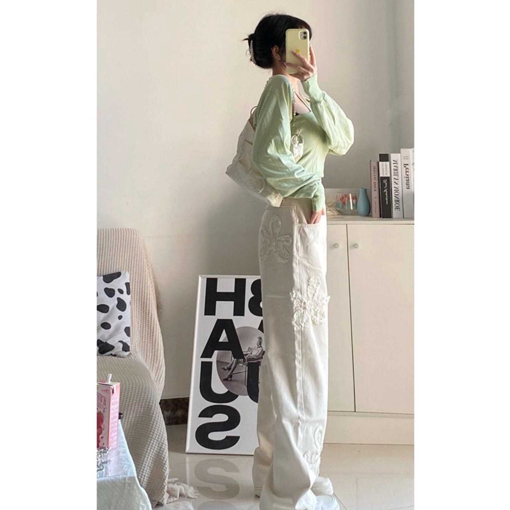 Quần Jean Nữ Lưng Cao Ống Đứng Dễ Phối Đồ Họa Tiết Hoa Sờn