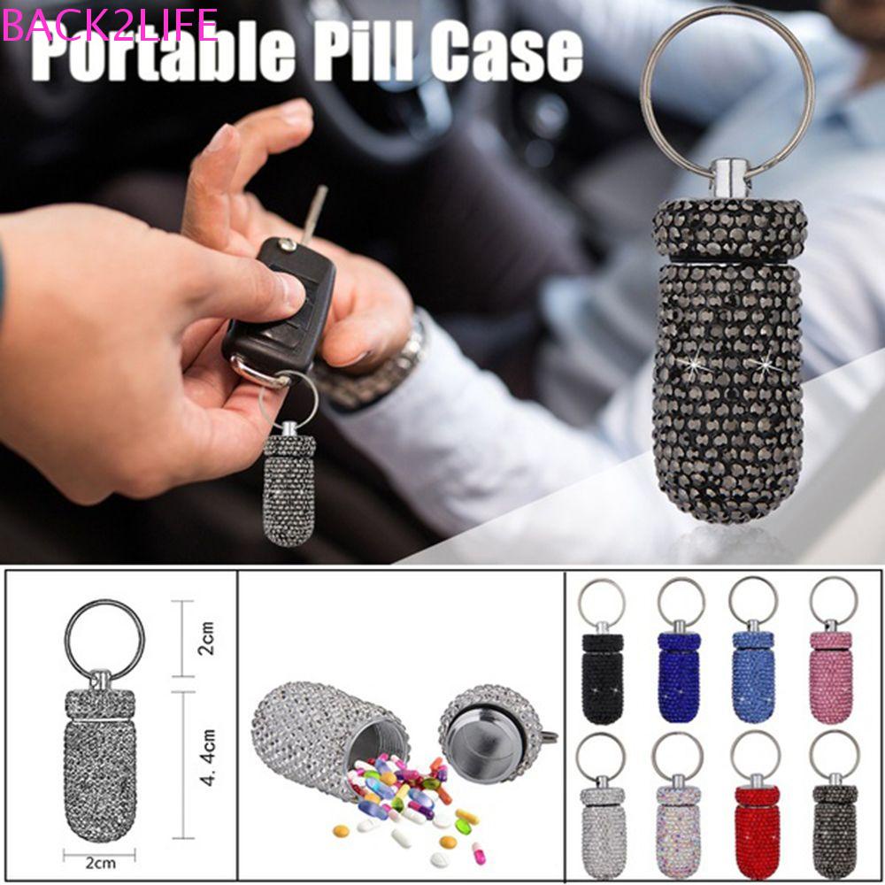 BACK2LIFE Hộp Đựng Thuốc Hình Ống Đính Đá Lấp Lánh Chống Thấm Nước Có Móc Khóa Tiện Dụng