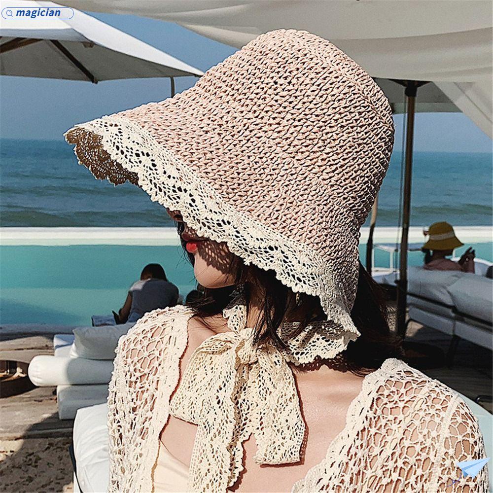 MAG Mũ Cói Rộng Vành Phối Ren Thời Trang Hè Xinh Xắn Cho Nữ