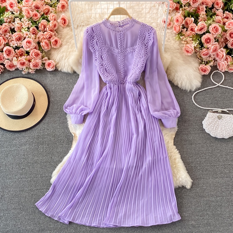 Đầm Chiffon Dài Lưng Cao Phối Ren Phong Cách Retro Thời Trang Mùa Thu Cho Nữ