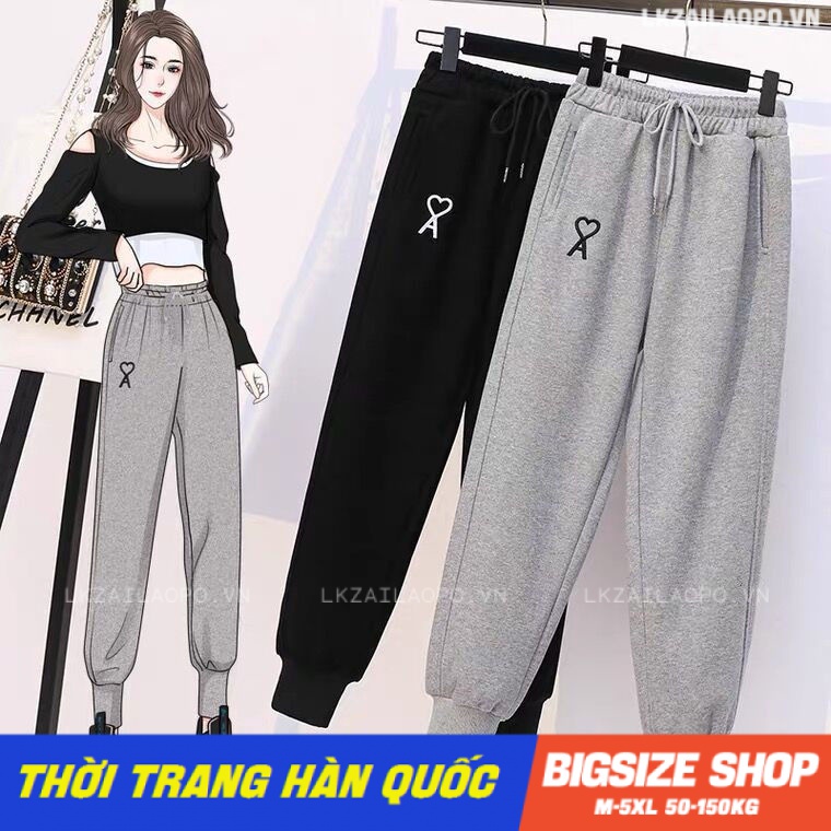 quần jogger nỉ Bigsize quần thể thao nữ cạp chun lưng thun thiết kế dây rút đen Dày dặn mùa thu Phong cách Hàn Quốc Thời Trang cá tính xinh đẹp cho người mập béo nữ