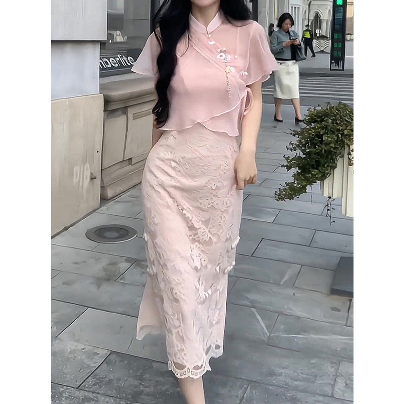 One Đầm Sườn Xám Dáng Dài Phối Ren Phong Cách Trung Hoa Cổ Điển Thời Trang Mùa Hè Cho Nữ S2123