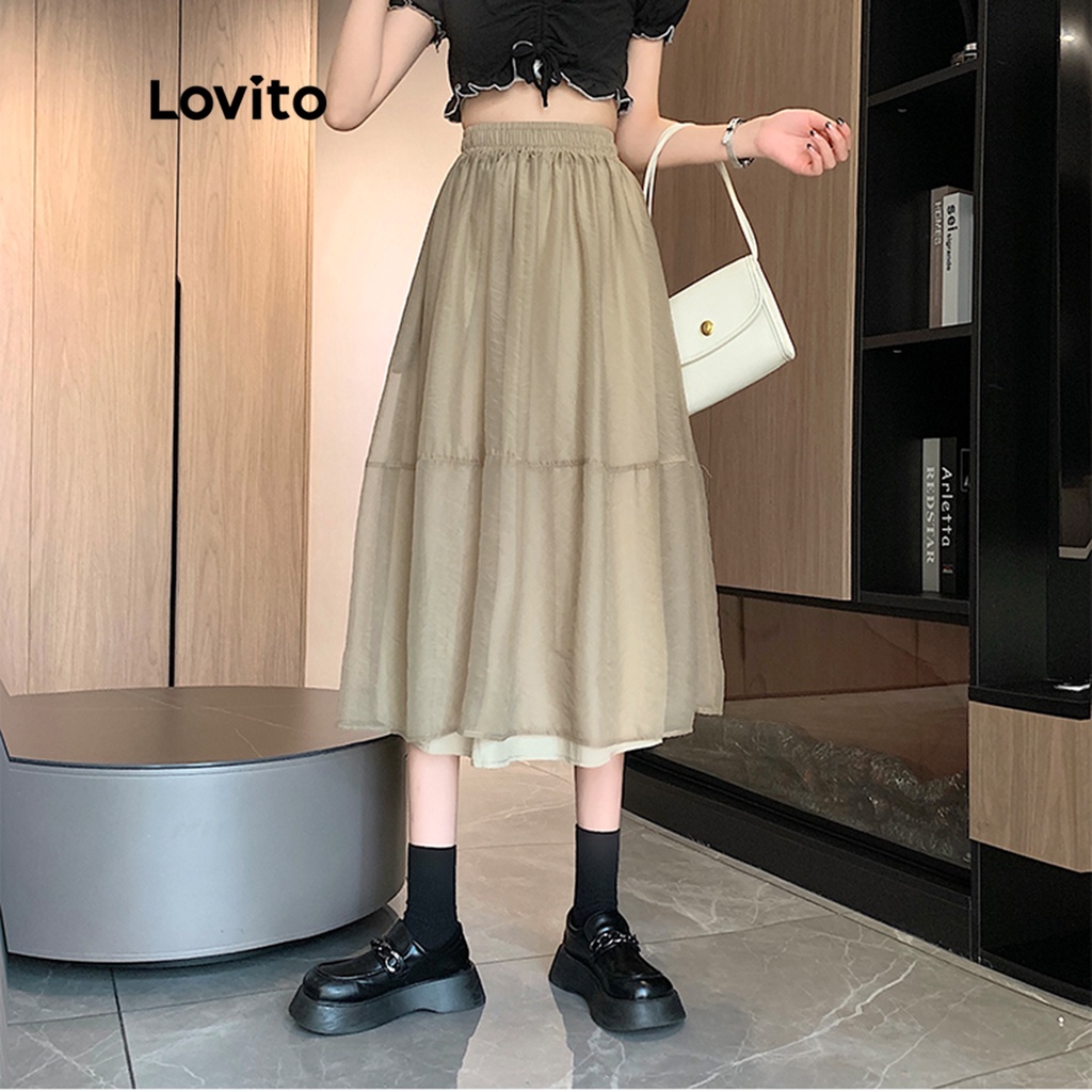 Lovito Váy maxi chữ A phối lưới trơn màu tương phản đơn giản cho nữ LNE09025 (Kaki)