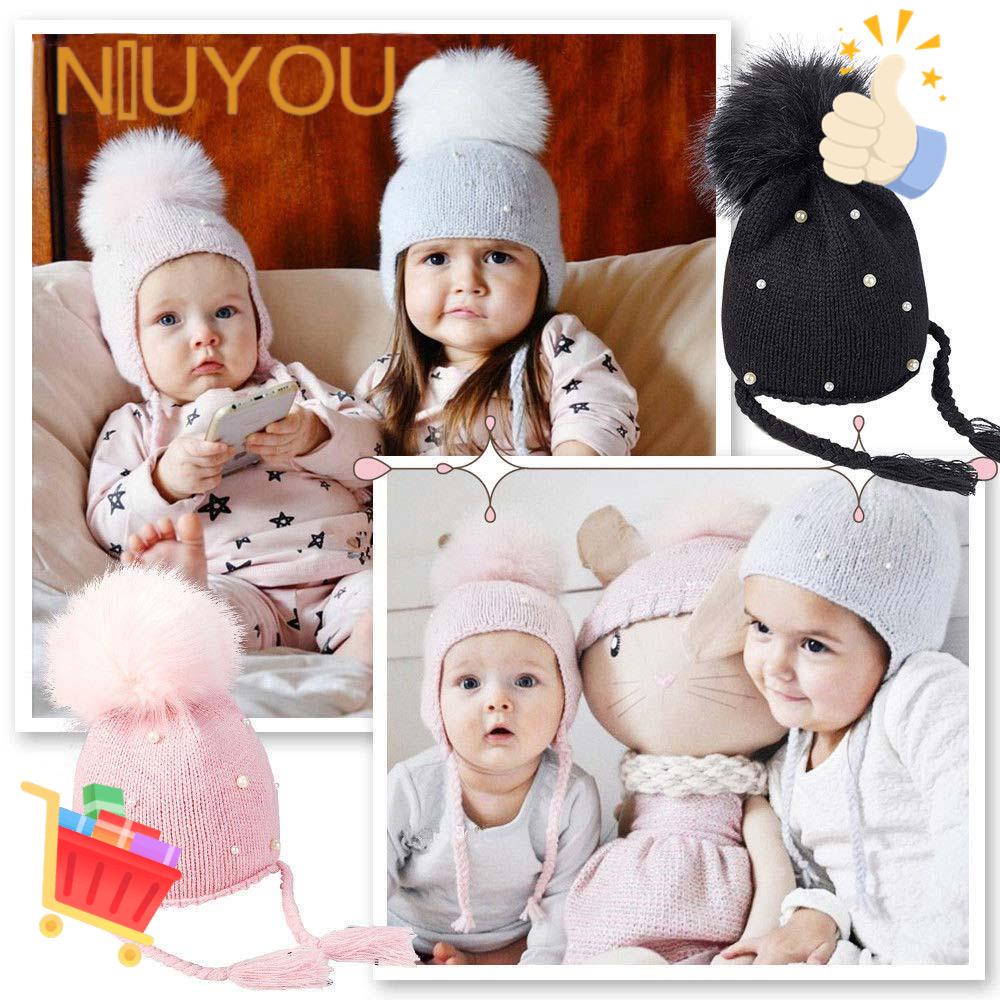 NIUYOU Mũ Len Trùm Đầu Đính Quả Bông Cho Bé