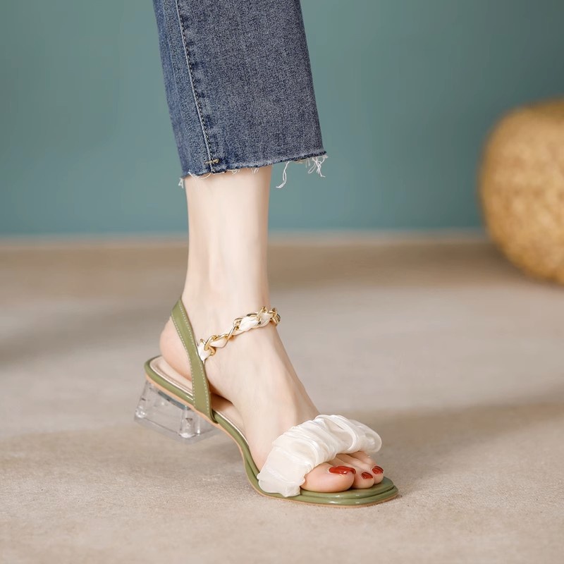 Duoya Tóc Thẳng ~ [Hàng Có Sẵn] Giày Sandal Cao Gót Pha Lê Phiên Bản Hàn Quốc Dễ Phối Đồ Cho Nữ Miễn Phí Vận Chuyển