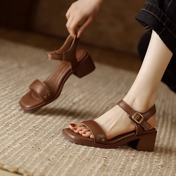 Duoya Tóc Thẳng ~ [Hàng Có Sẵn] Giày Sandal Hở Ngón Gót Dày Hở Ngón Chân Mùa Xuân La Mã Có Khóa Cài Thời Trang Cho Nữ Miễn Phí Vận Chuyển