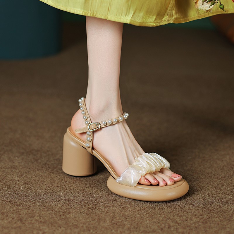 Duoya Tóc Thẳng ~ [Hàng Có Sẵn] Giày Sandal Cao Gót Hở Ngón Đế Dày Quai Da Mềm Đính Hạt Ruy Băng Phiên Bản Hàn Quốc Cho Nữ Miễn Phí Vận Chuyển