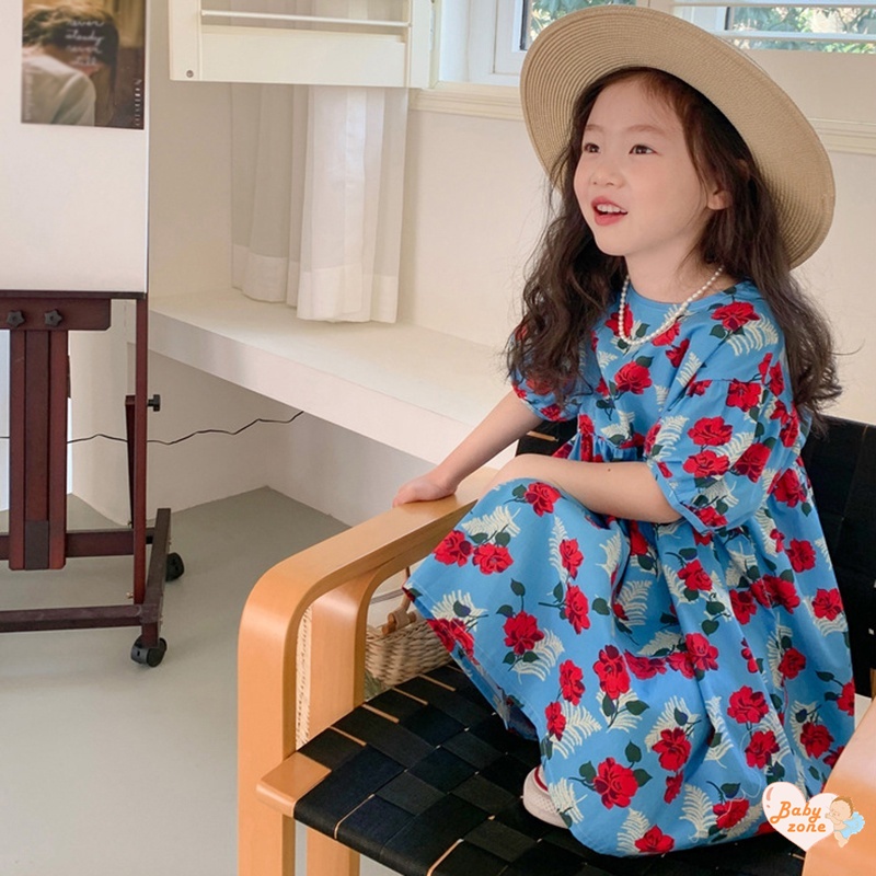 Korean Summer Girls' Round Neck Bubble Sleeves Flower Print Dress Children Baby Girl Fashionable Sweet Princess Dress