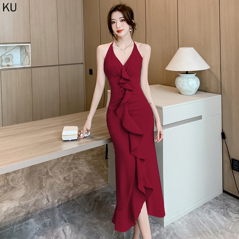 Đầm Dài Hai Dây Cổ Chữ V Xẻ Tà Dáng Ôm Thời Trang Mùa Hè Pháp Hàng Mới 2023 Dành Cho Bạn Nữ