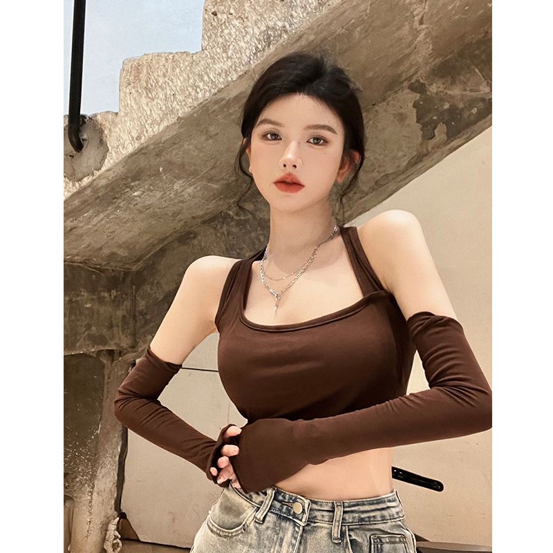 Áo Hai Dây Dáng Ngắn Hở Vai Màu Trơn Quyến Rũ Hợp Thời Trang Cho Nữ 4EH7