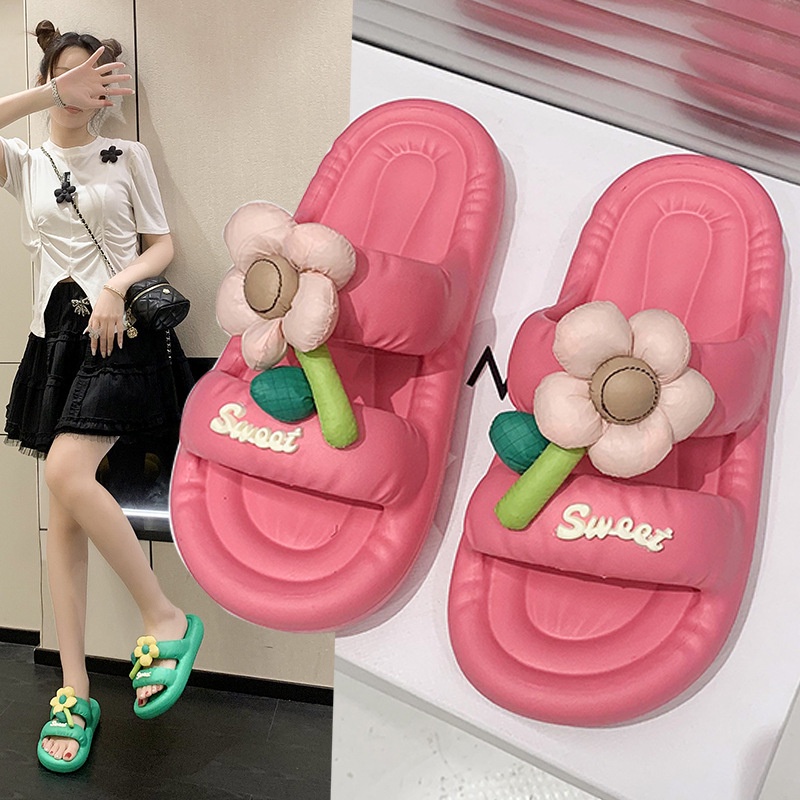 Girly Dép Sandal Đế Phẳng Dày Dặn Đính Hoa Thời Trang Đi Biển Mùa Hè Cho Nữ