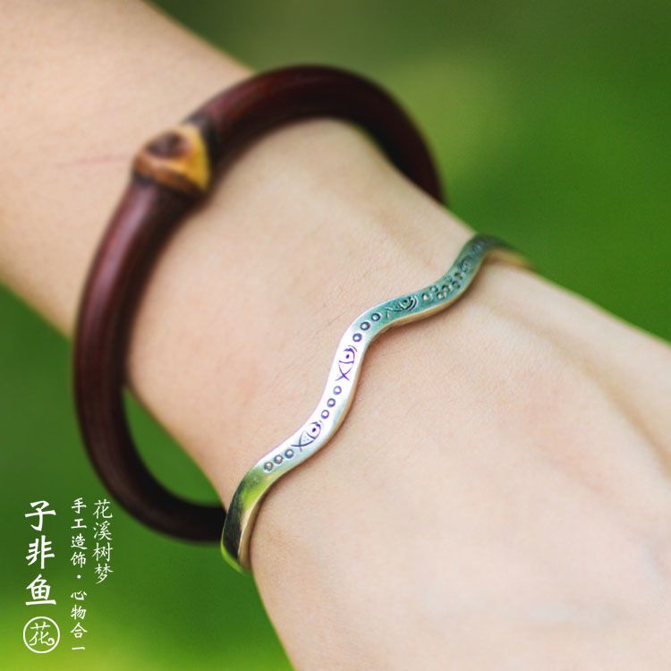 Vòng Tay Bạc Thái Lan Chiang Mai Khắc Hình Cá Nhỏ Điều Chỉnh Được Haobing boutiqu