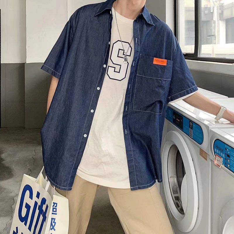 Áo Sơ Mi Denim Tay Ngắn Dáng Rộng Phong Cách Nhật Bản Thời Trang Mùa Hè Mới Cho Nam