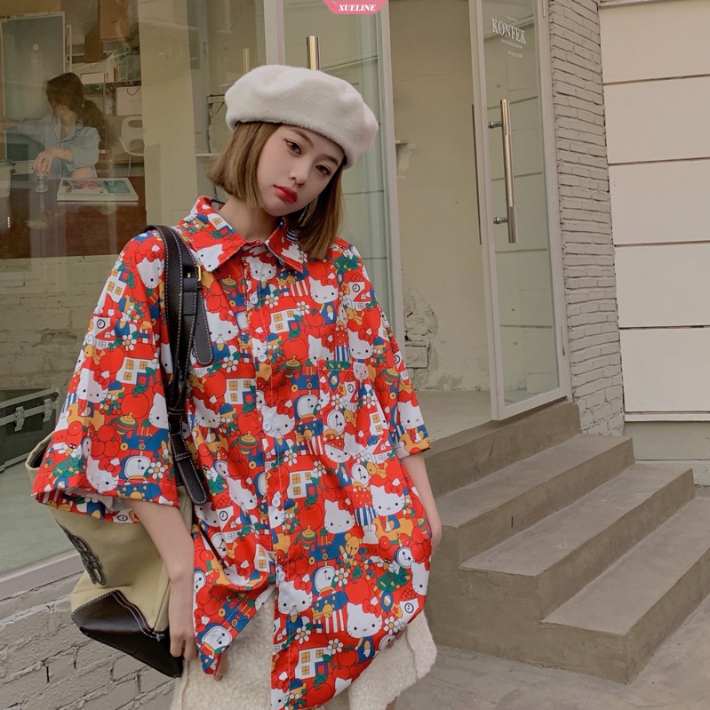 Áo Sơ Mi Tay Ngắn Cổ Bẻ Dáng Rộng In Họa Tiết Hello Kitty Thời Trang 2023 Cho Cặp Đôi