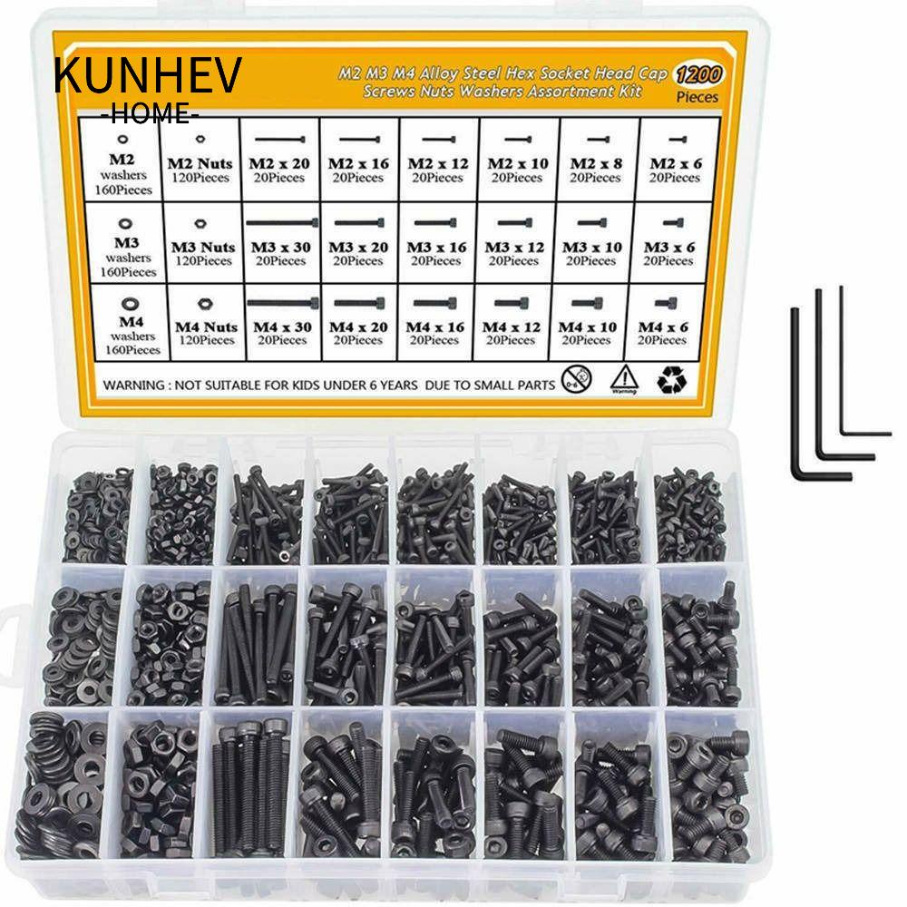 KUNHEV Set 1200 Đai Ốc Và Vòng Đệm M2 M3 M4 Đầu Lục Giác Bằng Thép Carbon Màu Đen Cho Tay Nắm Cửa