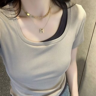 Áo Thun Nữ Ngắn Tay Cổ Chữ U Giả Hai Lớp Thời Trang