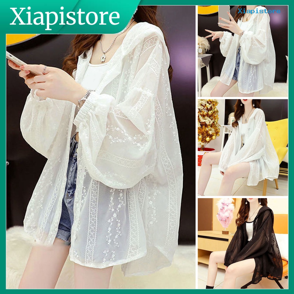 Áo Khoác Chống Nắng / Tia UV Vải Lụa Lạnh Mỏng Tay Dài Có Mũ Trùm Thêu Họa Tiết Thời Trang Mùa Hè Cho Nữ