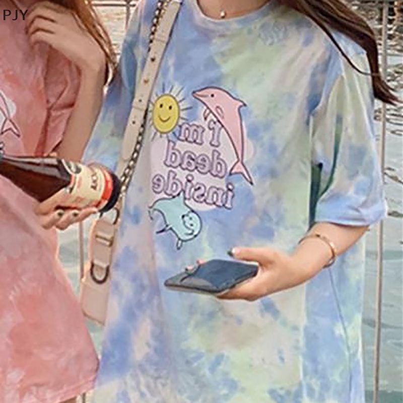 Áo Thun Ngắn Tay Cổ Tròn Dáng Rộng In Màu Nhuộm Ngọt Ngào Thời Trang Mùa Hè Cho Nữ PJ