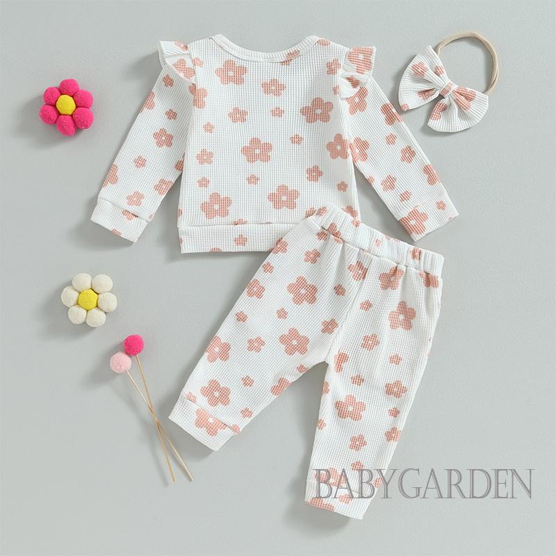 Set Đồ Gồm Áo Tay Dài + Quần + Băng Cài Đầu Rút Dây In Họa Tiết Hoa Cho Bé Gái 0-24 Tháng Tuổi