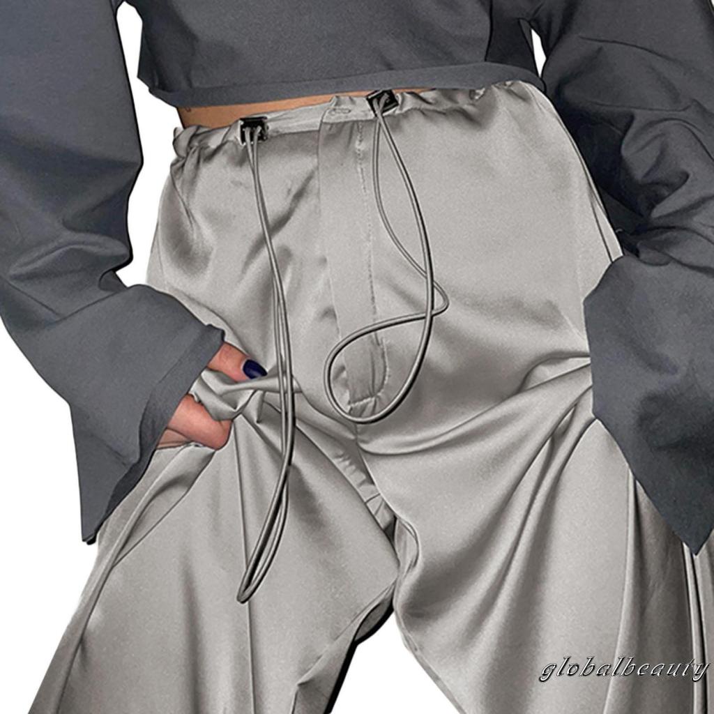 Quần Dài Satin Ống Rộng Lưng Thấp Màu Sắc Đơn Giản Thời Trang Mùa Hè Cho Nữ